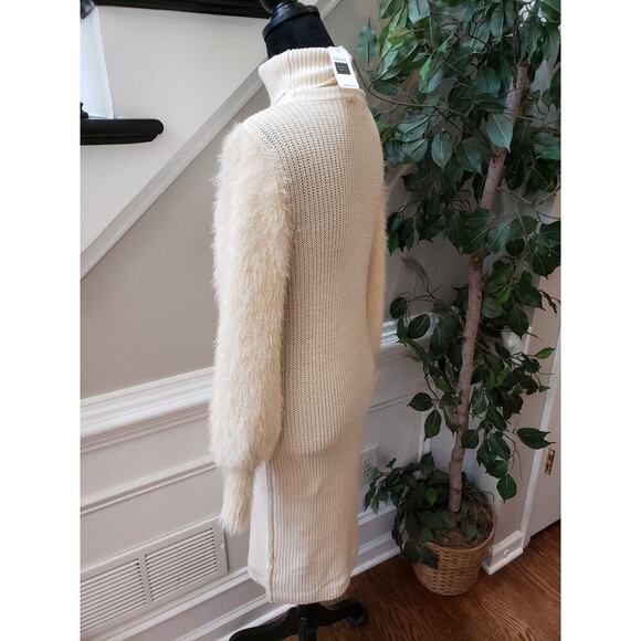 Bump Biddy Sweater Dress Maternity Beige Ribbed Puffy Fur Sleeve Turtleneck LG - Picture 12 of 14